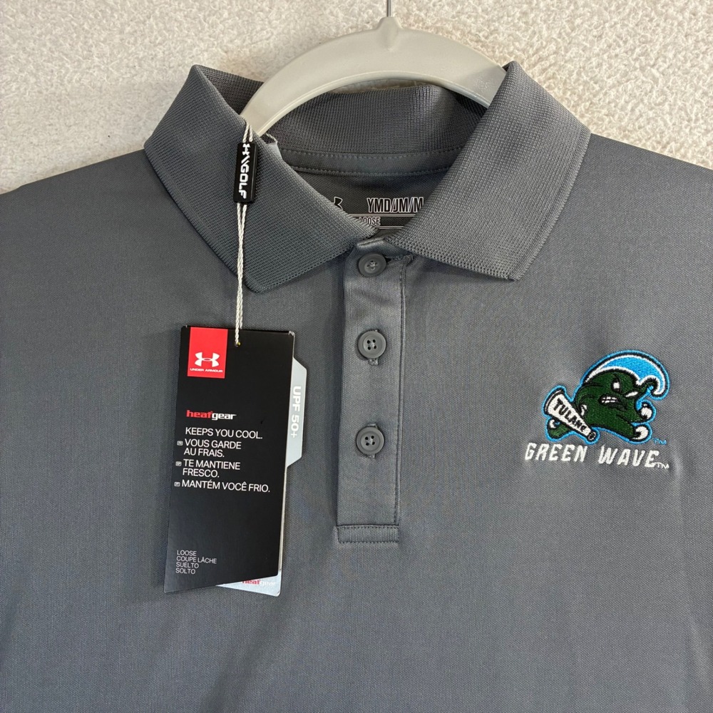 Under Armour Tulane‎ University Polo Shirt Boys M Gray HeatGear Green Wave NWT